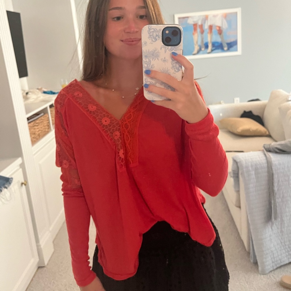 FREE PEOPLE RED LACE SWEATER